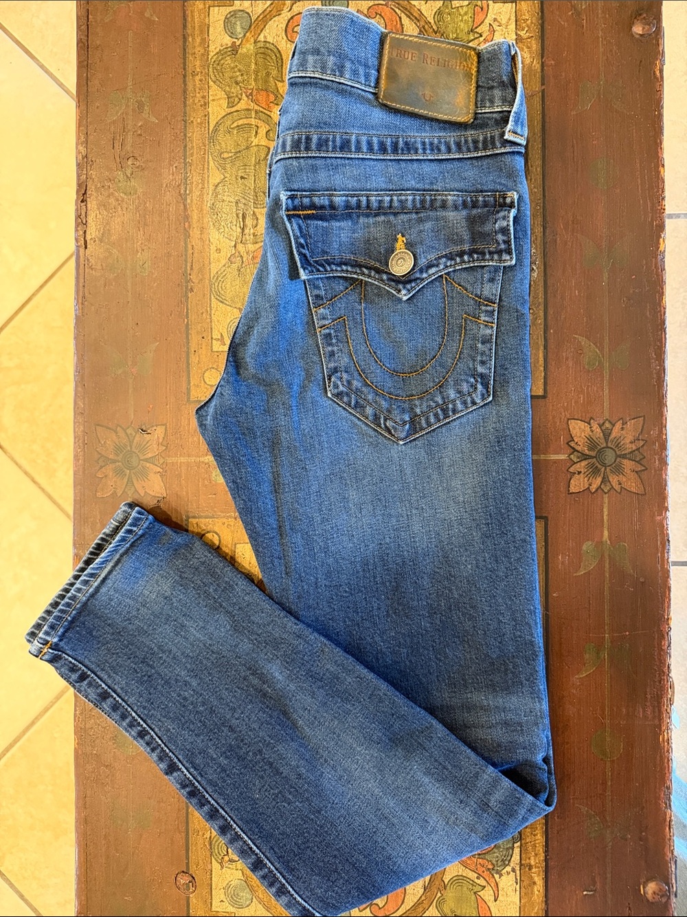 True Religion Men’s Medium Blue Skinny Jeans with Signature Pocket 29/32